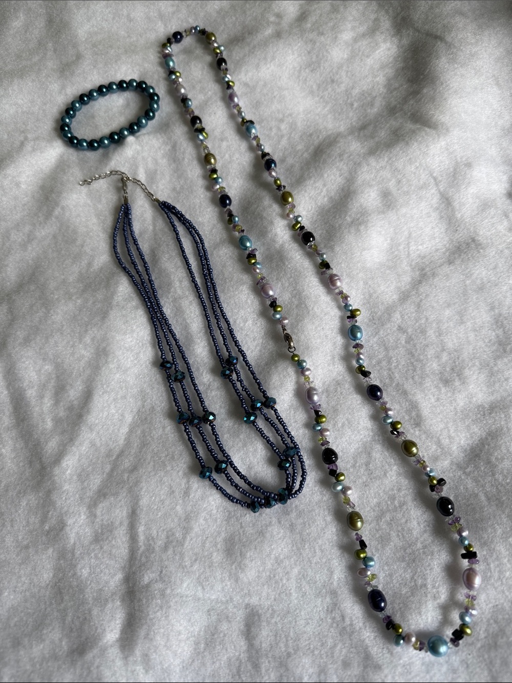2 Necklaces and 1 Bracelet: Multi-colored Pearl & Bead Layered Necklace Set